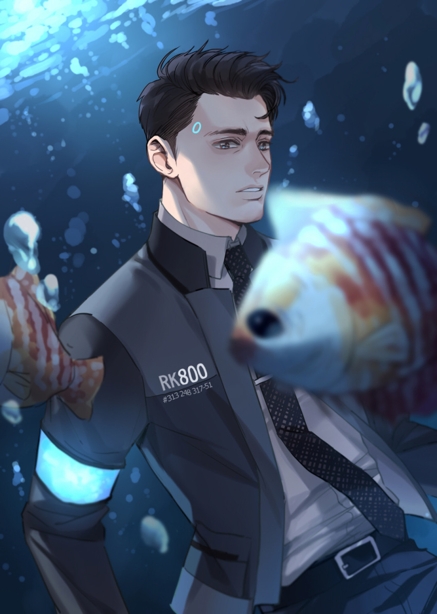 1boy, android, arethusa_smile, belt, black_hair, brown_eyes, bubble, connor_(detroit), detroit:_become_human, expressionless, highres, jacket, looking_at_viewer, male_focus, necktie, open_clothes, pants, shirt, solo, tropical_fish, underwater, upper_body