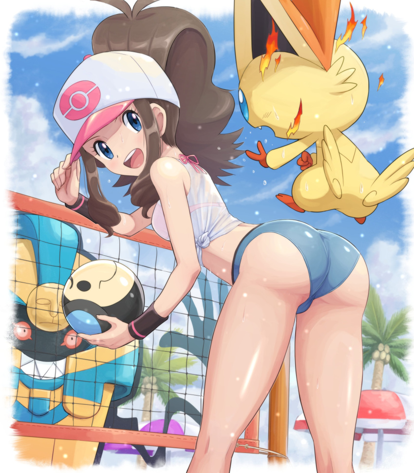 1girl, absurdres, baseball_cap, bent_over, bikini, bikini_top, blue_eyes, brown_hair