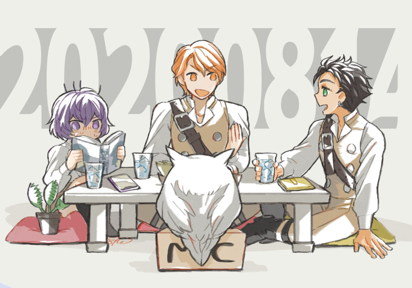 1girl, 2boys, batoson54, bernadetta_von_varley, bird, book, brown_hair, claude_von_riegan
