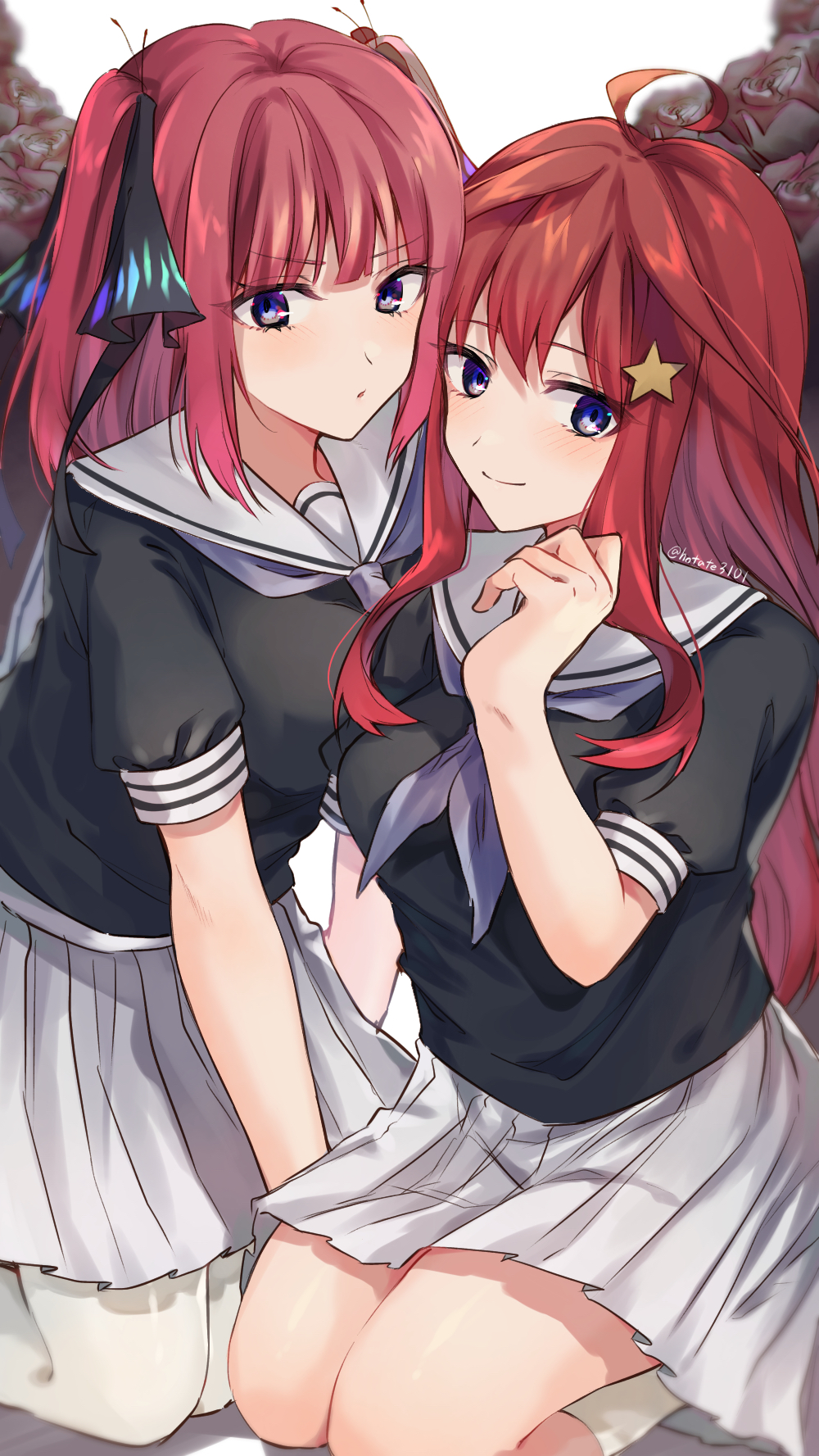 2girls, ahoge, bangs, black_ribbon, black_serafuku, blue_eyes, blunt_bangs, blush