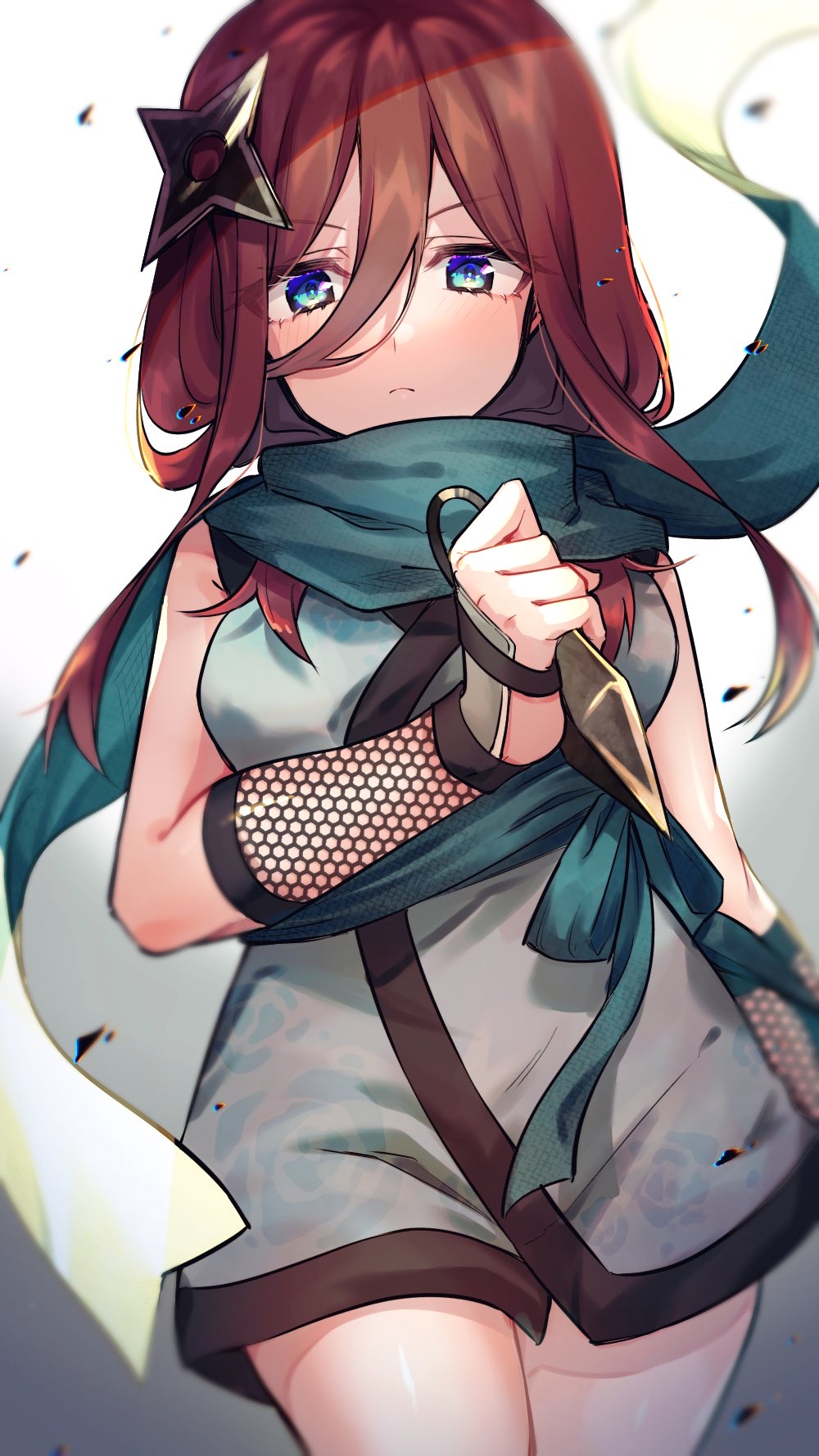 1girl, bangs, blue_eyes, blush, breasts, brown_hair, closed_mouth, fishnets, frown, gloves, go-toubun_no_hanayome, hair_ornament, highres, holding, holding_weapon, hotate_3102, japanese_clothes, kimono, kunai, long_hair, looking_at_viewer, nakano_miku, ninja, scarf, short_kimono, shuriken, shuriken_hair_ornament, solo, weapon