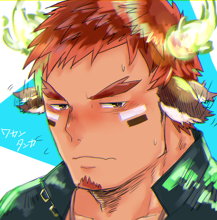 1boy, alternate_costume, animal_ears, bangs, beard, blush, brown_hair, casual