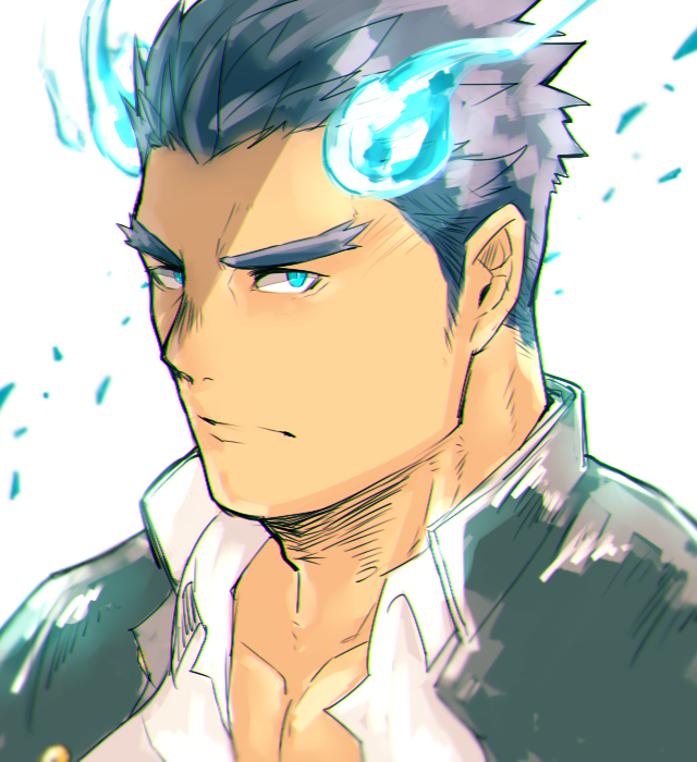 1boy, blue_eyes, blue_fire, blue_hair, chest, close-up, closed_mouth, face