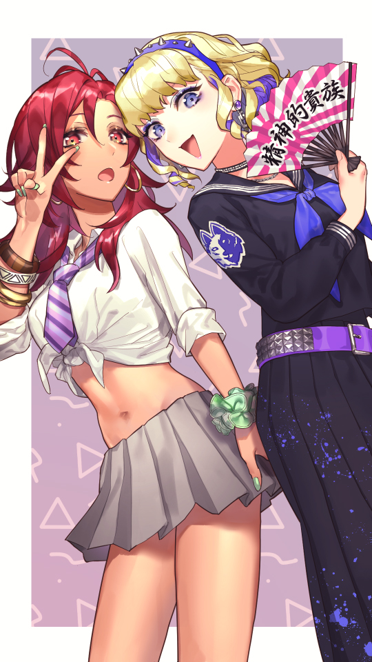 2girls, alternate_costume, belt, blonde_hair, blue_eyes, constance_von_nuvelle, earrings, fan