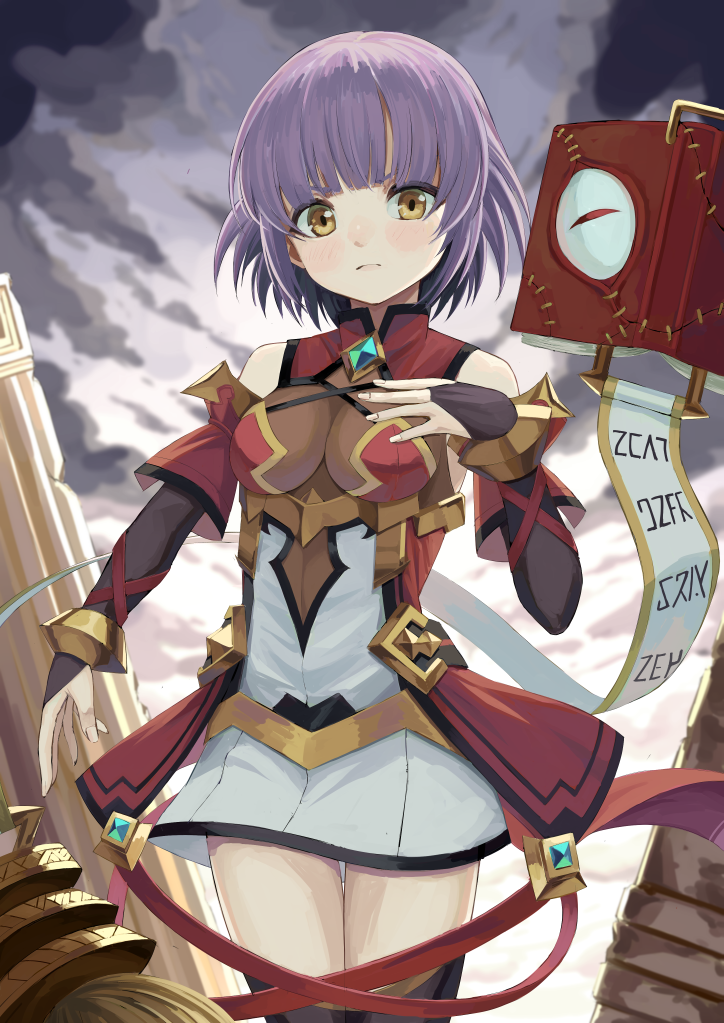 1girl, atsuyah0310, bangs, black_legwear, blush, breasts, closed_mouth, clouds, commentary_request, epic7, fingernails, hand_up, looking_at_viewer, mercedes_(epic_seven), outdoors, purple_hair, short_hair, sky, solo, thigh-highs, yellow_eyes