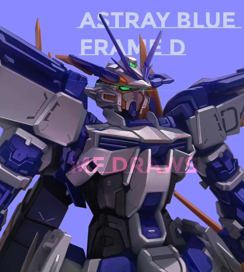 absurdres, artist_name, brayanong999, character_name, close-up, commentary, english_commentary, green_eyes, gundam, gundam_astray_blue_frame, gundam_astray_blue_frame_d, gundam_seed, gundam_seed_destiny, gundam_seed_destiny_astray_b, highres, looking_ahead, mecha, mixed-language_commentary, no_humans, solo, upper_body, v-fin, watermark