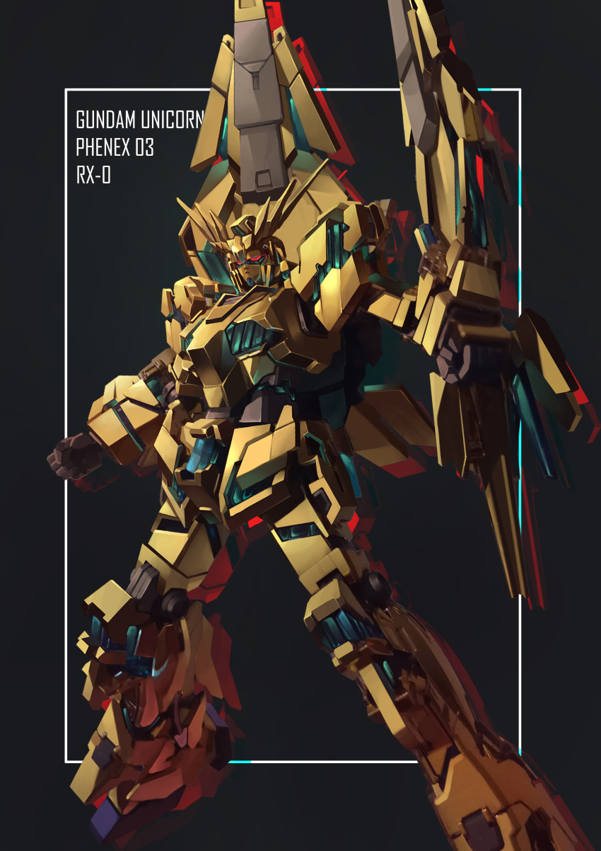 absurdres, black_background, brayanong999, character_name, clenched_hands, commentary, gundam, gundam_narrative