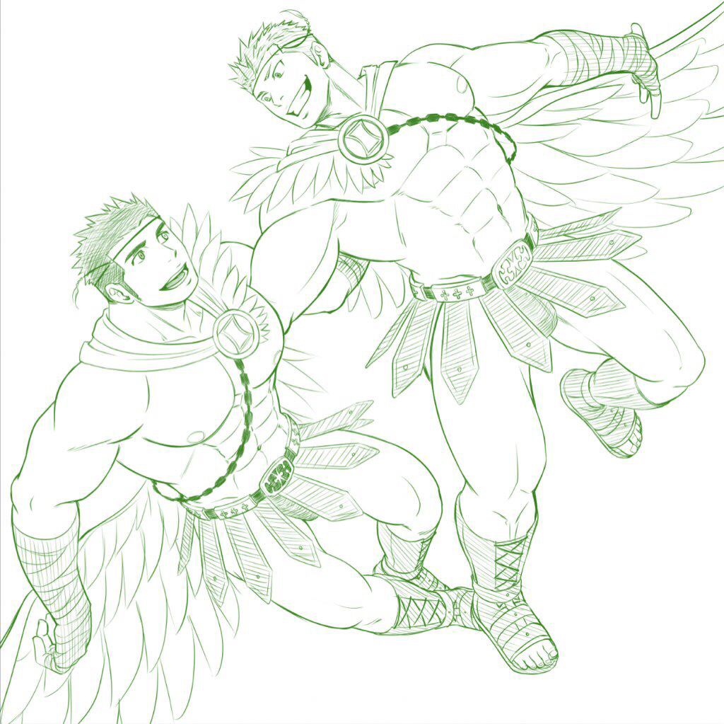 2boys, abs, alternate_costume, bara, chest, couple, feathered_wings, full_body
