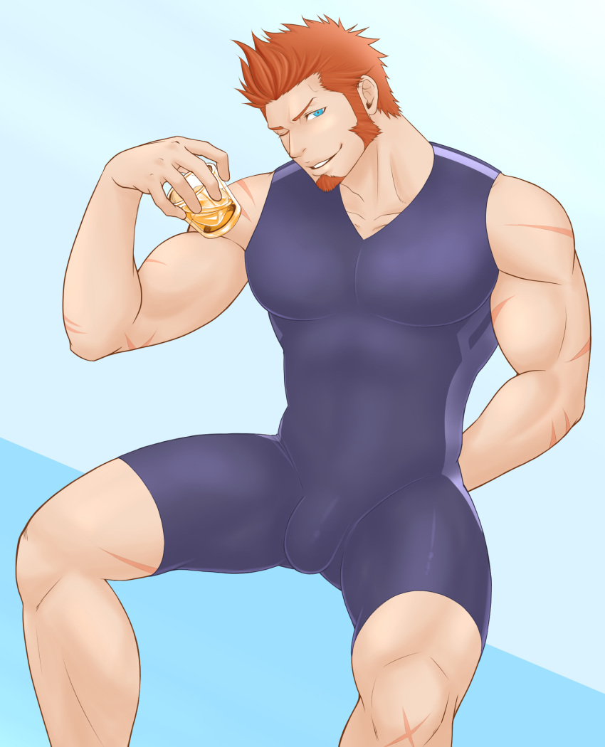 1boy, abs, alcohol, arm_behind_back, bara, beard, blue_eyes, brown_hair