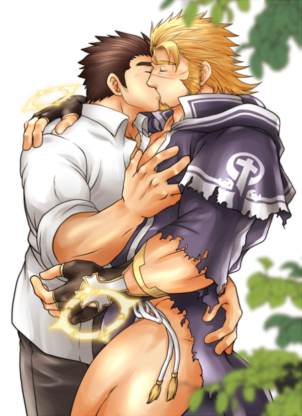 2boys, bara, beard, blush, brown_hair, chest, couple, facial_hair