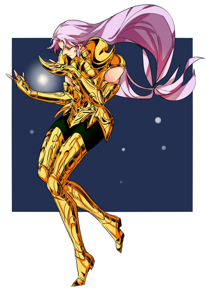 1boy, aries_mu, armor, eyes_closed, fingerless_gauntlets, floating_hair, golden_armor, highres