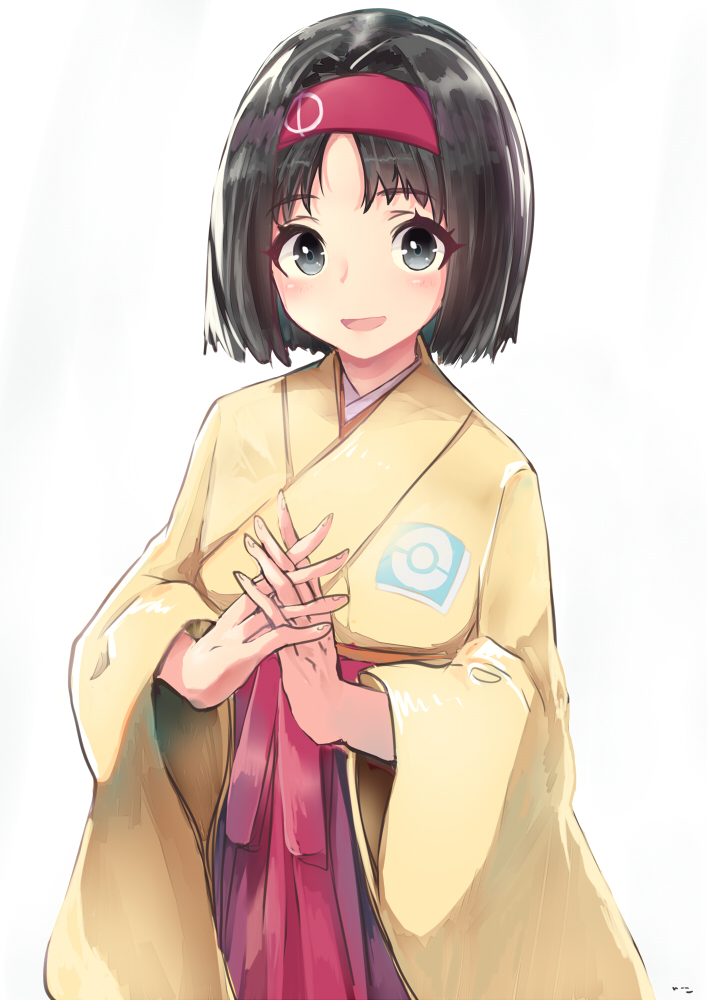 1girl, bangs, black_hair, blush, e-co, erika_(pokemon), gym_leader, hairband