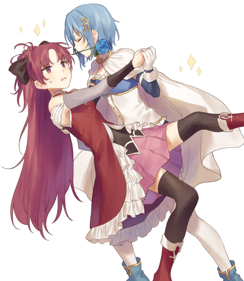 2girls, black_bow, black_legwear, blue_footwear, blue_hair, boots, bow, cape