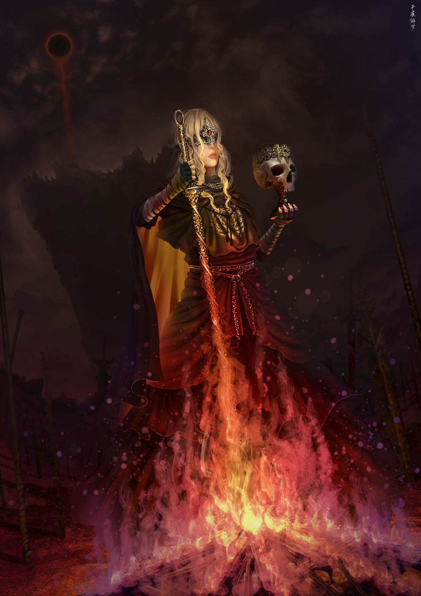 1girl, absurdres, blonde_hair, cloak, clouds, crown, dark_souls_iii, dutch_angle, fire, fire_keeper, from_side, highres, lips, long_hair, senyahiro, sidelocks, skull, solo, souls_(from_software), sword, weapon