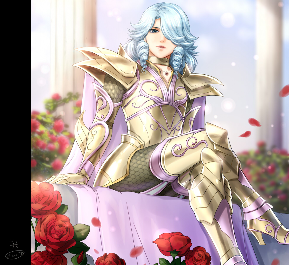 1boy, androgynous, armor, blue_eyes, blue_hair, cape, crossed_legs, from_below