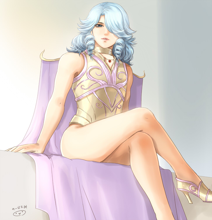 1boy, androgynous, blue_eyes, blue_hair, cape, crossdressinging, crossed_legs, from_below, heels, high_heels, highres, leotard, lipstick, looking_at_viewer, male, mizuhara_aki, necklace, pisces_aphrodite, rose, rose_petals, saint_seiya, saint_seiya:_the_legend_of_santuary, sitting