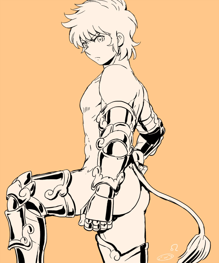 1boy, ass, chest, curly_hair, gauntlets, highres, leg_armor, leo_aiolia