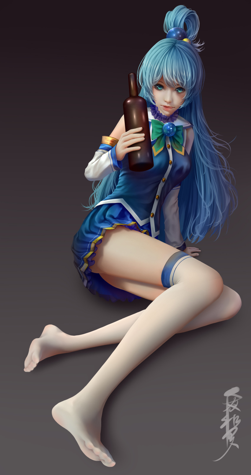1girl, absurdres, aqua_(konosuba), aqua_eyes, aqua_hair, arm_support, ass, blue_skirt