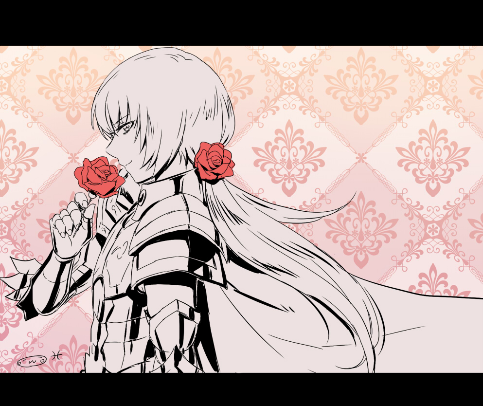 1boy, armor, cape, fingerless_gloves, flower_hair_ornament, highres, looking_at_viewer, looking_to_the_side