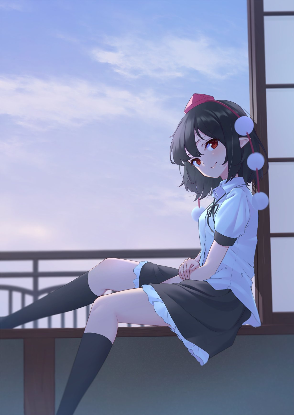 1girl, bangs, between_legs, black_hair, black_legwear, black_ribbon, black_skirt, blue_sky