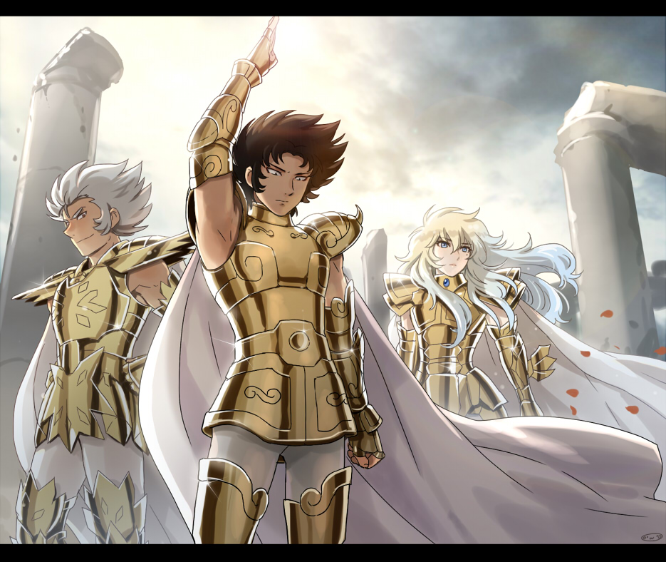 3boys, armor, black_hair, cancer_deathmask, cape, capricorn_shura, floating_hair, golden_armor