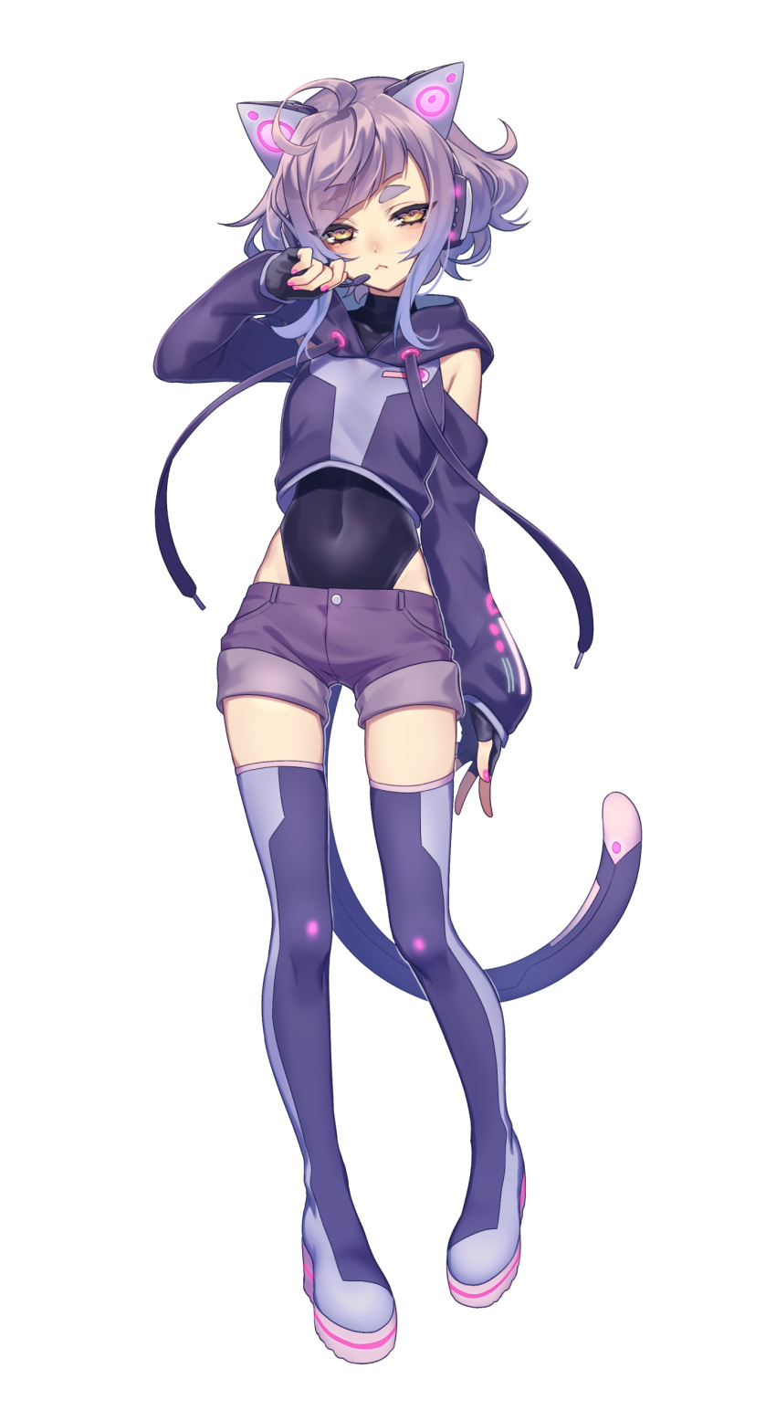 1other, :<, absurdres, ahoge, animal_ears, arm_at_side, bangs, black_leotard, blush, boots, cat_ear_headphones, cat_ears, cat_tail, covered_navel, detached_sleeves, drawstring, eyebrows_visible_through_hair, fake_animal_ears, fake_tail, fingerless_gloves, full_body, gloves, hand_up, headphones, headset, highres, hood, hood_down, hoodie, leotard, leotard_under_clothes, long_sleeves, looking_at_viewer, matsuda_toki, milk_(utau), official_art, pink_nails, purple_footwear, purple_hair, purple_hoodie, purple_legwear, purple_shorts, short_hair, short_shorts, shorts, sidelocks, sleeves_past_wrists, standing, tail, thick_eyebrows, thigh-highs, thigh_boots, transparent_background, utau, white_background, yellow_eyes