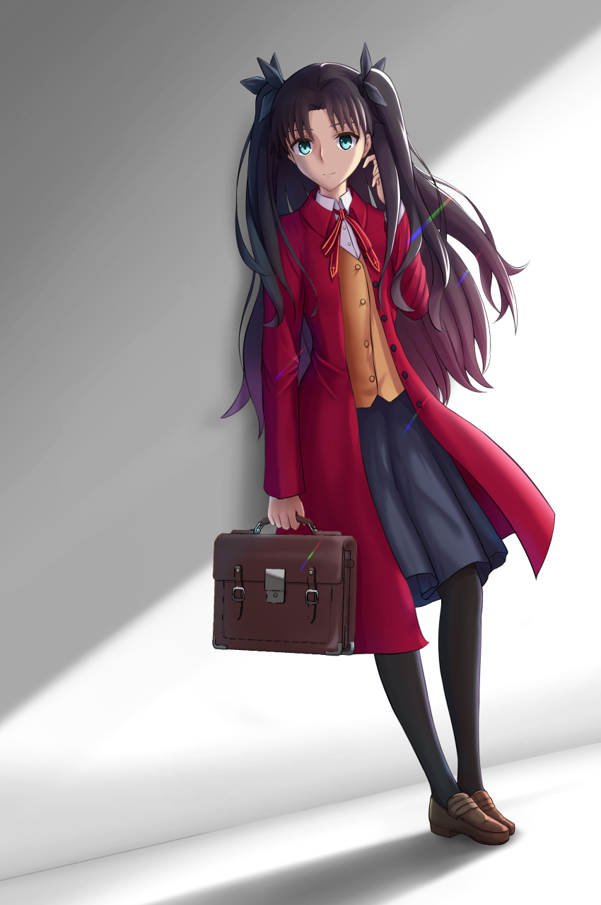 1girl, absurdres, against_wall, black_ribbon, blue_eyes, brown_footwear, brown_hair, coat, fate/stay_night, fate_(series), hand_in_hair, highres, leaning, leather_bag, loafers, long_hair, looking_at_viewer, neck_ribbon, pleated_skirt, ribbon, shoes, skirt, smile, sok_(pixiv42912527), solo, thigh-highs, tohsaka_rin, twintails, vest