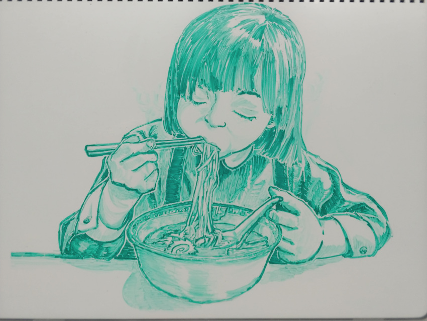1girl, absurdres, bangs, blunt_bangs, bowl, chopsticks, closed_eyes, eating