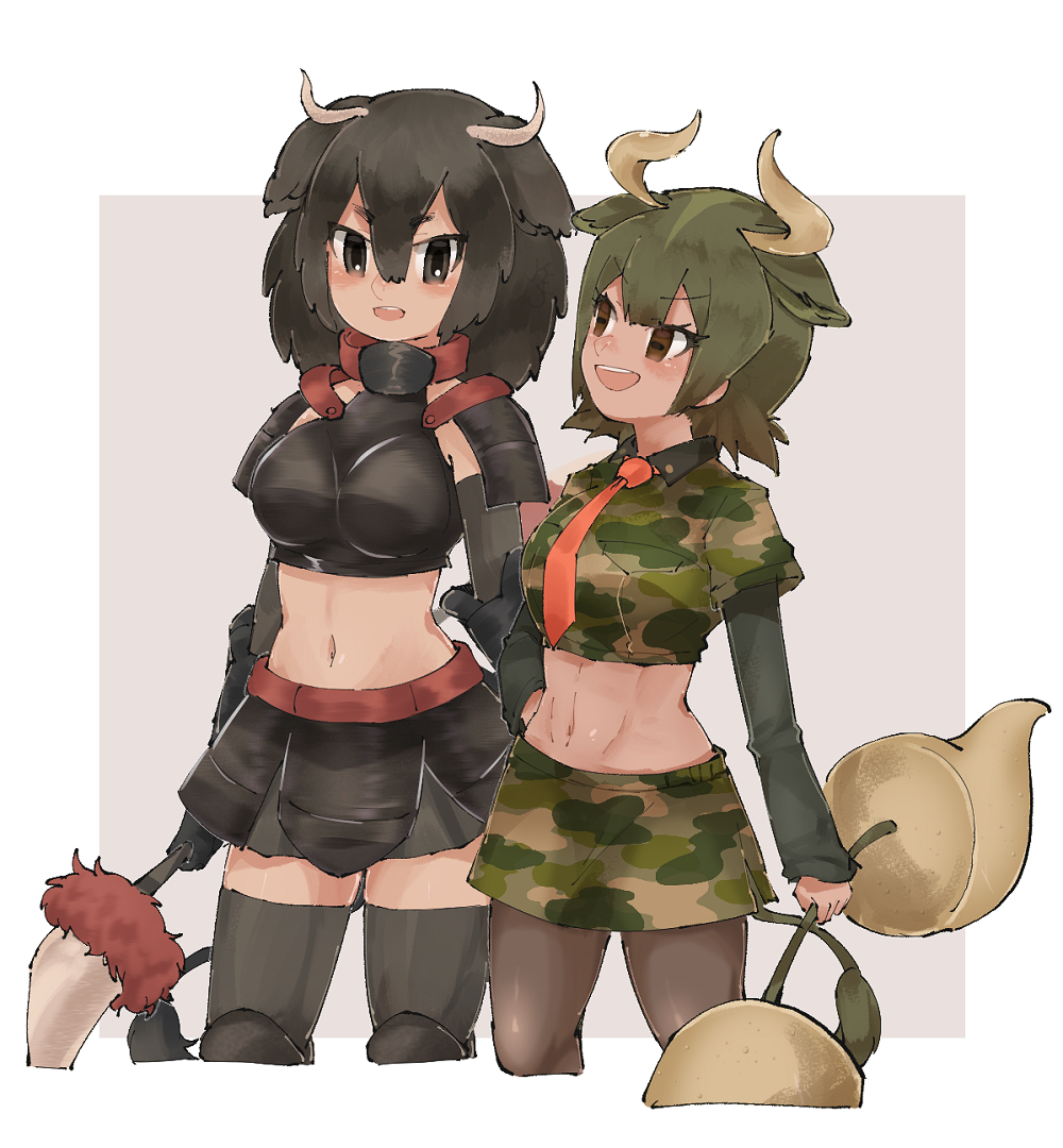 2girls, american_bison_(kemono_friends), animal_ears, arm_at_side, armor, armored_skirt, arms_at_sides, aurochs_(kemono_friends)