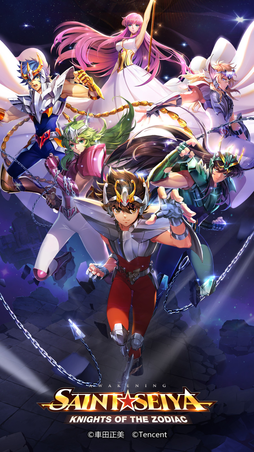 1girl, 5boys, andromeda_shun, armor, bare_shoulders, black_hair, blonde_hair, blue_hair, brown_hair, chains, cygnus_hyoga, dragon_shiryu, dress, fighting, full_armor, green_armor, green_hair, han-0v0, highres, jumping, long_hair, looking_at_viewer, medium_hair, mobile_wallpaper, night, official_art, pegasus_seiya, phoenix_ikki, pink_armor, posing, poster, purple_hair, saint_seiya, saint_seiya:_awakening, scepter, shining_armor, short_hair, silver_armor, starry_sky, vertical, wallpaper