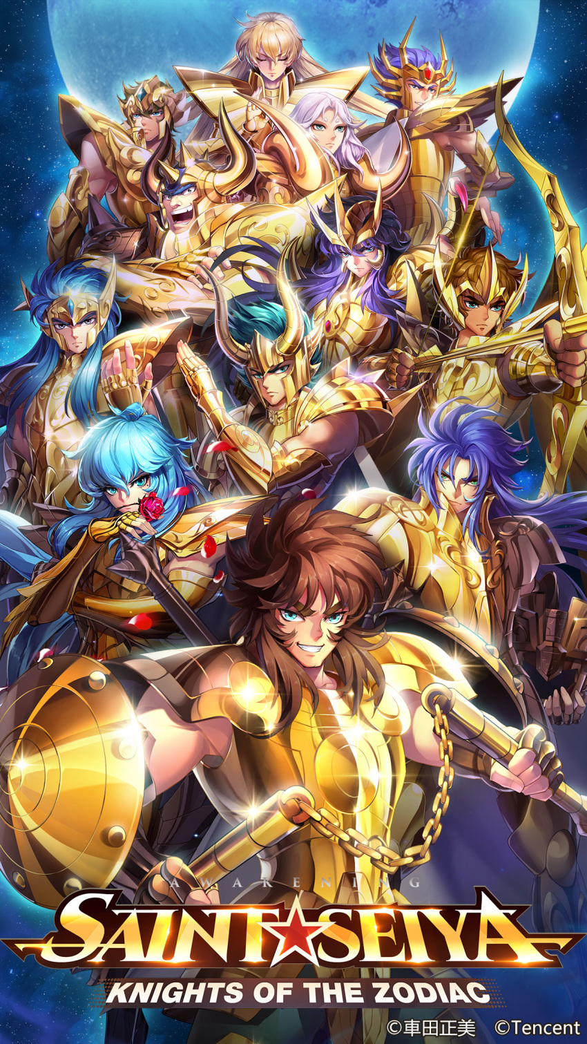 12boys, androgynous, aquarius_camus, aries_mu, armor, arrow, black_hair, blonde_hair, blue_eyes, blue_hair, bow_(weapon), bow_and_arrow, brown_hair, cancer_deathmask, capricorn_shura, closed_eyes, crossed_arms, curly_hair, everyone, floating_hair, full_armor, full_moon, gemini_saga, gold_saint, golden_armor, green_eyes, han-0v0, helmet, highres, laughing, leo_aiolia, libra_dohko, logo, long_fingernails, long_hair, looking_afar, looking_at_viewer, looking_away, mobile_wallpaper, night, official_art, pisces_aphrodite, posing, poster, purple_hair, rose, rose_petals, sagittarius_aiolos, saint_seiya, saint_seiya:_awakening, scorpio_milo, shining_armor, smile, spiked_hair, star_(sky), starry_sky, taurus_aldebaran, tiara, virgo_shaka, wallpaper, weapon