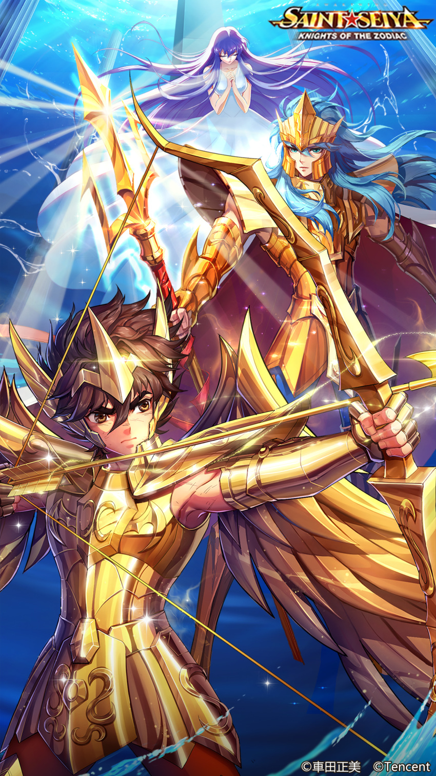 1girl, 2boys, arrow, athena_(saint_seiya), blue_eyes, blue_hair, bow_(weapon), bow_and_arrow