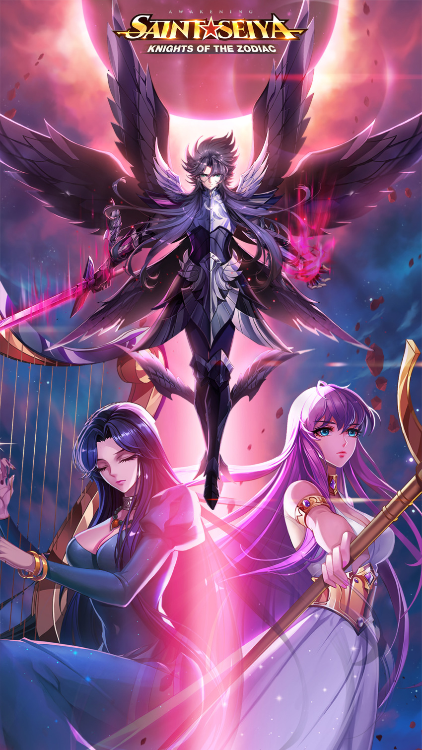 armor, athena_(saint_seiya), black_armor, blue_eyes, dress, eclipse, eyes_closed, floating_hair, flying, green-eyes, hades_(saint_seiya), han-0v0, harp, highres, kido_saori, logo, long_hair, looking_afar, looking_at_viewer, mobile_wallpaper, official_art, pandora_(saint_seiya), posing, poster, saint_seiya, saint_seiya:_awakening, shining_armor, staff, sword, wallpaper, wings