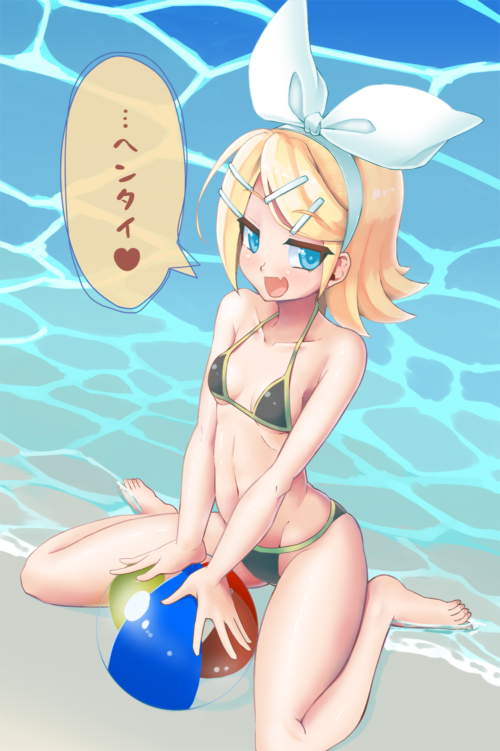 1girl, :d, ball, bare_legs, barefoot, beach, beachball, between_legs, bikini, blonde_hair, blue_eyes, blush, bow, breasts, collarbone, eyebrows, fang, hair_bow, half-closed_eyes, hand_between_legs, heart, hiarclip, highres, holding, holding_ball, hourou, kagamine_rin, looking_at_viewer, navel, ocean, open_mouth, short_hair, sitting, skin_fang, small_breasts, smile, solo, spoken_heart, swimsuit, toes, translation_request, vocaloid, wariza, white_bow