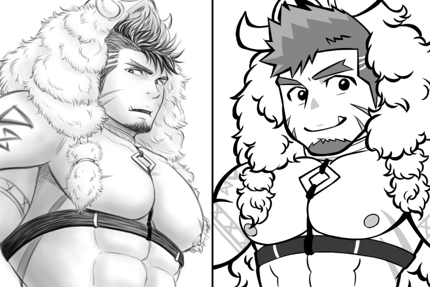 1boy, abs, animal_hood, bara, beard, brown_hair, chest, chibi