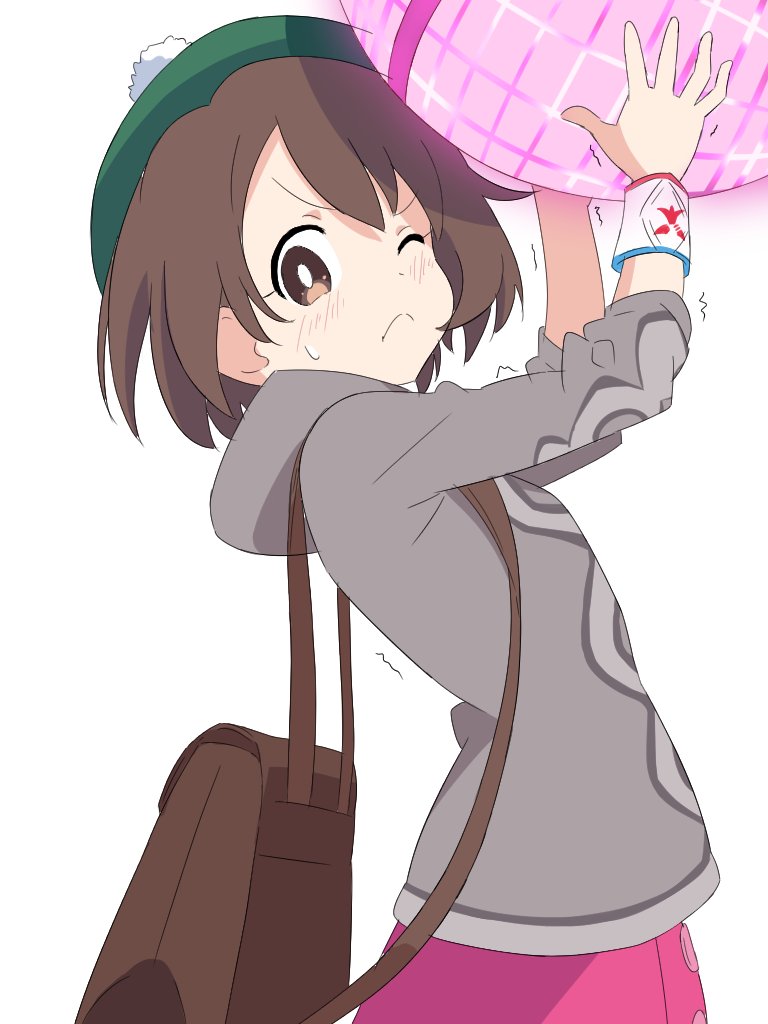 1girl, arms_up, backpack, bad_id, bad_twitter_id, bag, ball, brown_eyes