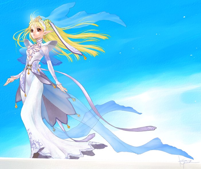 1girl, alfina_(grandia), blonde_hair, breasts, brown_eyes, closed_mouth, dress, earrings
