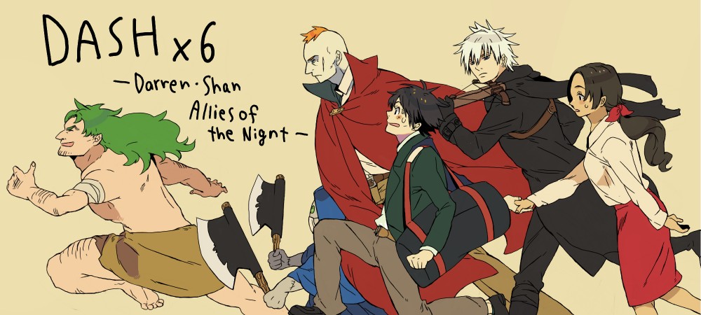 1girl, 5boys, axe, black_hair, black_jacket, blazer, bow_(weapon), cape