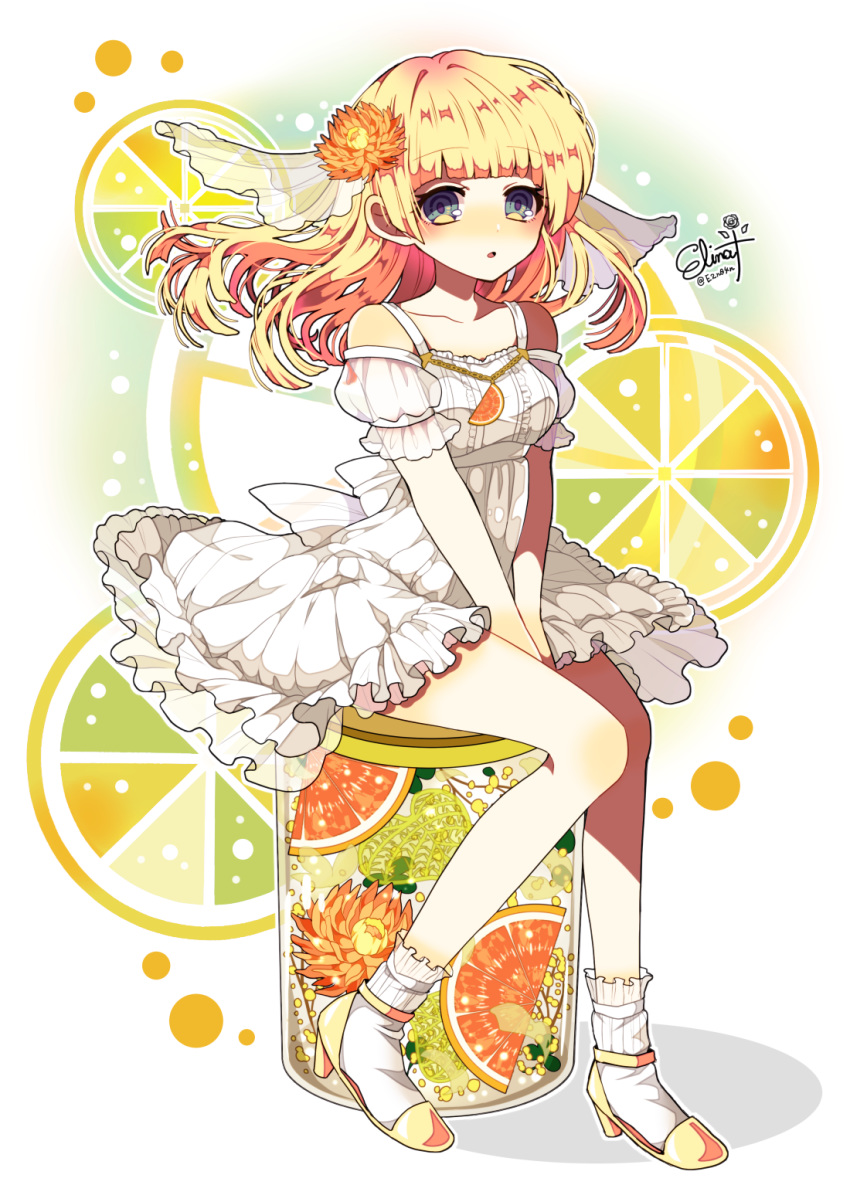 1girl, artist_name, blonde_hair, chain, commentary_request, dress, eyebrows_visible_through_hair, flower