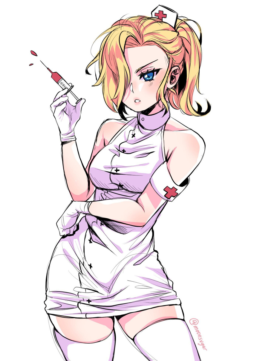 arm_under_breasts, arm_up, armband, artist_name, bare_shoulders, blue_eyes, breasts, contrapposto, cowboy_shot, dress, english_commentary, gloves, hair_over_one_eye, hat, high_ponytail, highres, holding, holding_syringe, instagram_username, long_hair, medium_breasts, moonsvgar, nurse, nurse_(terraria), nurse_cap, parted_lips, ponytail, sidelocks, simple_background, skindentation, sleeveless, sleeveless_dress, syringe, terraria, thigh-highs, v-shaped_eyebrows, white_background, white_dress, white_gloves, white_legwear, zettai_ryouiki