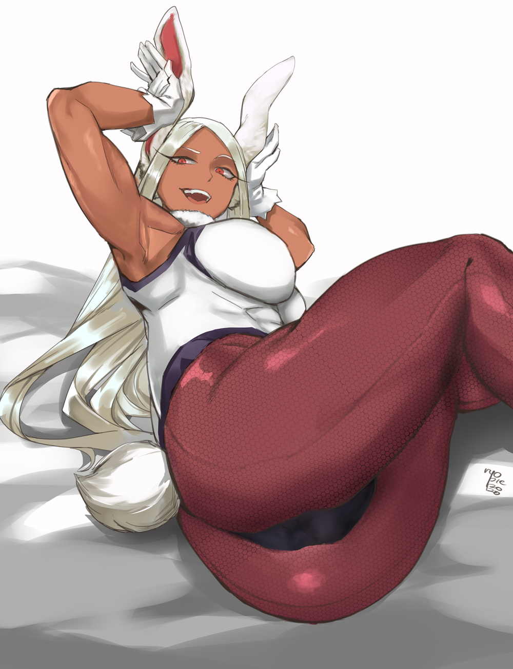 1girl, :d, animal_ears, armpits, ass, boku_no_hero_academia, breasts, bunny_girl, bunny_pose, bunny_tail, bunnysuit, dark_skin, fishnet_legwear, fishnets, gloves, highres, large_breasts, leotard, long_eyelashes, long_hair, looking_at_viewer, lying, mirko, on_side, open_mouth, rabbit_ears, rabbit_girl, red_eyes, ryopie, signature, smile, superhero, tail, tail_through_clothes, thick_thighs, thighs, white_gloves, white_hair, white_leotard