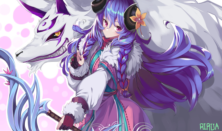 1girl, absurdres, ahoge, alternate_hair_color, alternate_hairstyle, animal_ears, blue_hair, bow_(weapon)