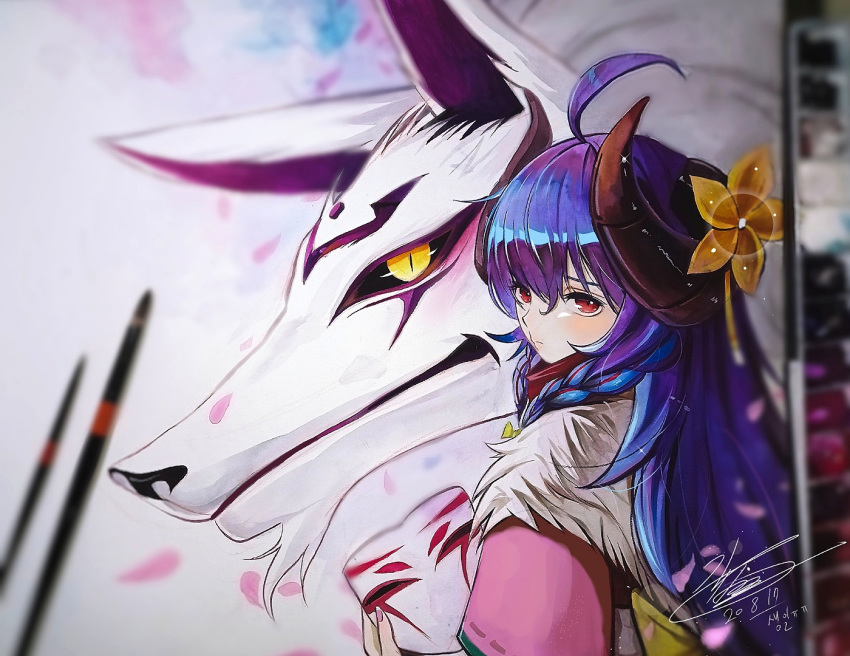 1girl, ahoge, alternate_costume, alternate_hair_color, alternate_hairstyle, bangs, blue_hair, bow, cherry_blossoms, closed_mouth, curled_horns, drawing, dress, flower, from_side, fur, gangbyeon, hair_between_eyes, hair_flower, hair_ornament, horns, japanese_clothes, kimono, kindred, lamb_(league_of_legends), league_of_legends, long_hair, long_sleeves, looking_at_viewer, looking_to_the_side, mask, mask_removed, petals, pink_dress, pink_kimono, purple_hair, red_eyes, ribbon, simple_background, smile, spirit_blossom_kindred, standing, traditional_media, twintails, watercolor_(medium), white_background, white_fur, yellow_bow