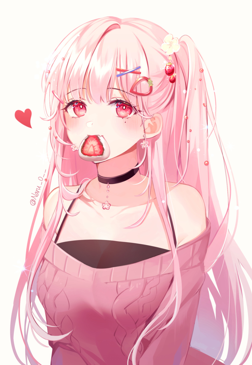 1girl, aran_sweater, bangs, bare_shoulders, black_choker, blush, breasts, choker, collarbone, earrings, eyebrows_visible_through_hair, fang, flower, flower_earrings, food, food_in_mouth, food_themed_hair_ornament, fruit, hair_flower, hair_ornament, hairclip, heart, highres, ichigo_daifuku, jewelry, long_hair, looking_at_viewer, medium_breasts, mouth_hold, naru_0, off-shoulder_sweater, off_shoulder, one_side_up, original, pink_hair, pink_sweater, red_eyes, simple_background, solo, strawberry, strawberry_hair_ornament, sweater, twitter_username, upper_body, very_long_hair, wagashi, white_background, white_flower, x_hair_ornament