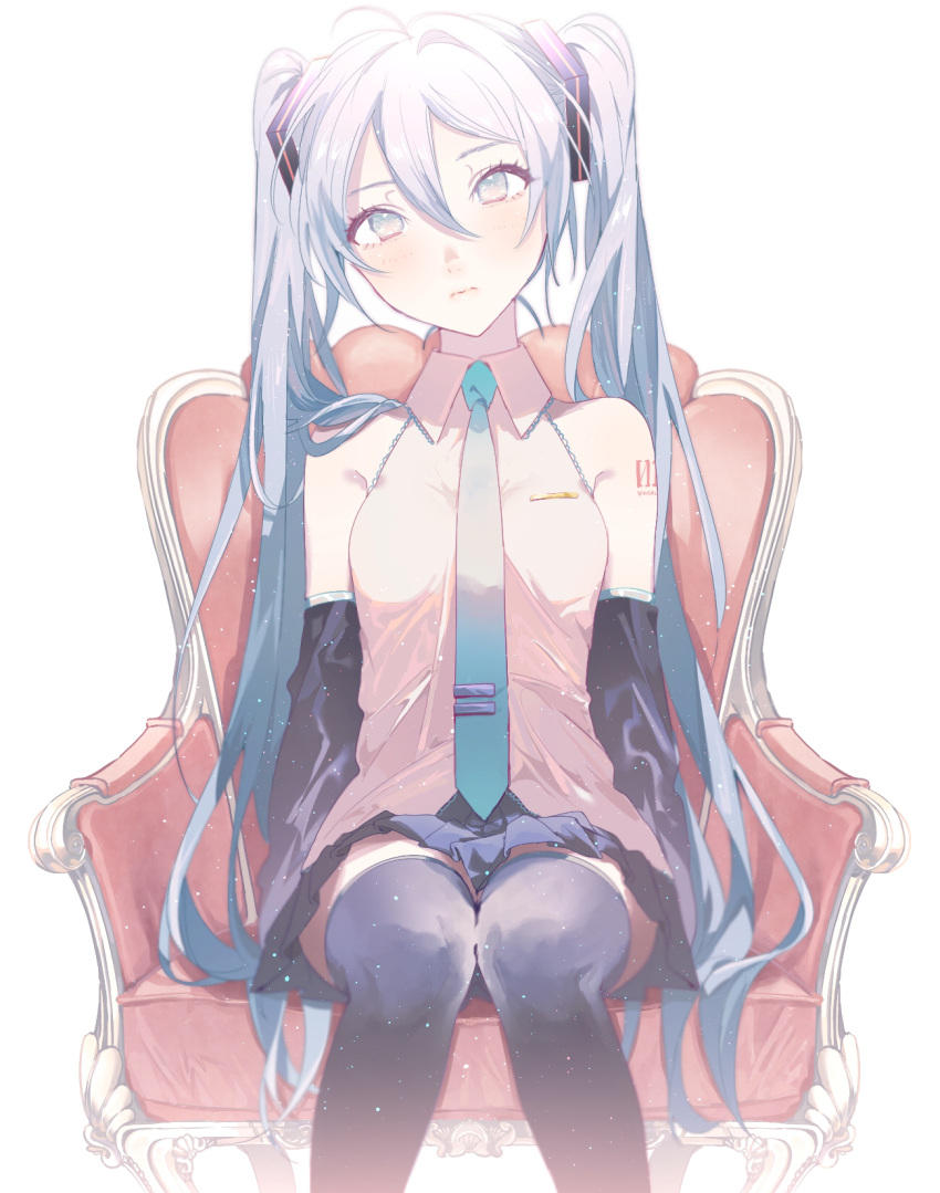 1girl, aqua_neckwear, bare_shoulders, black_legwear, black_skirt, black_sleeves, blue_eyes, blue_hair