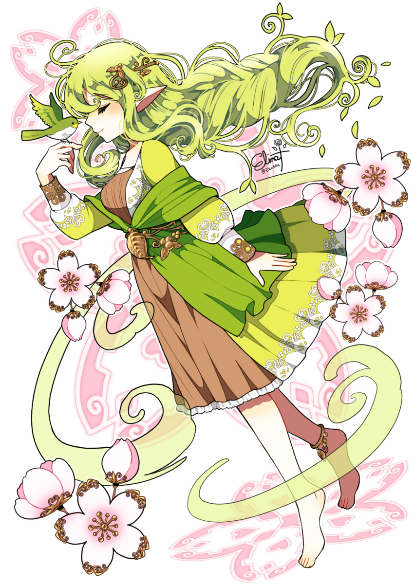 1girl, anklet, artist_name, barefoot, bird, bird_on_hand, brown_dress, cherry_blossoms