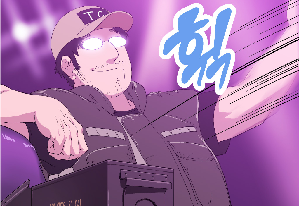 1boy, ammo_box, brown_hair, byeontae_jagga, commander_(girls_frontline), facial_hair, girls_frontline, glowing_glasses