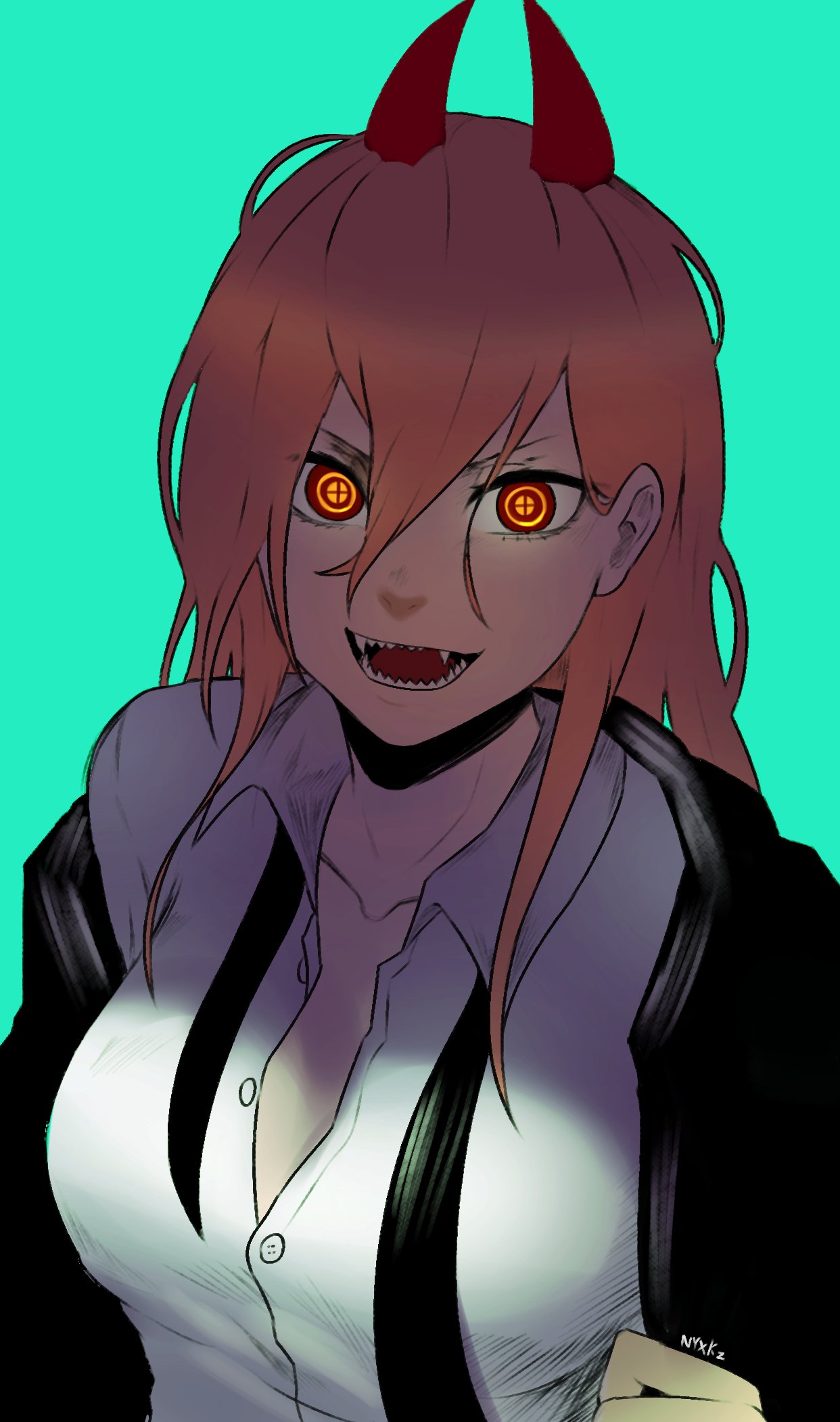 +_+, 1girl, aqua_background, artist_name, black_jacket, blazer, breasts, chainsaw_man