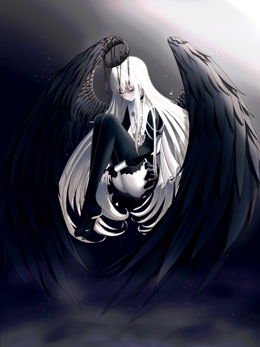 1girl, absurdres, bangs, black_choker, black_legwear, black_scrunchie, black_skirt, black_wings