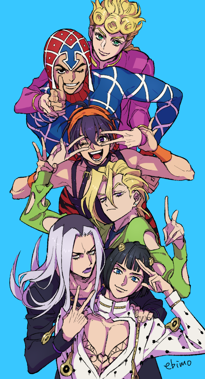6+boys, :d, argyle, argyle_sweater, arm_up, artist_name, bangs, bare_shoulders